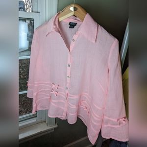 L 100% linen MIST light pink 3/4 sleeve button-down blouse.